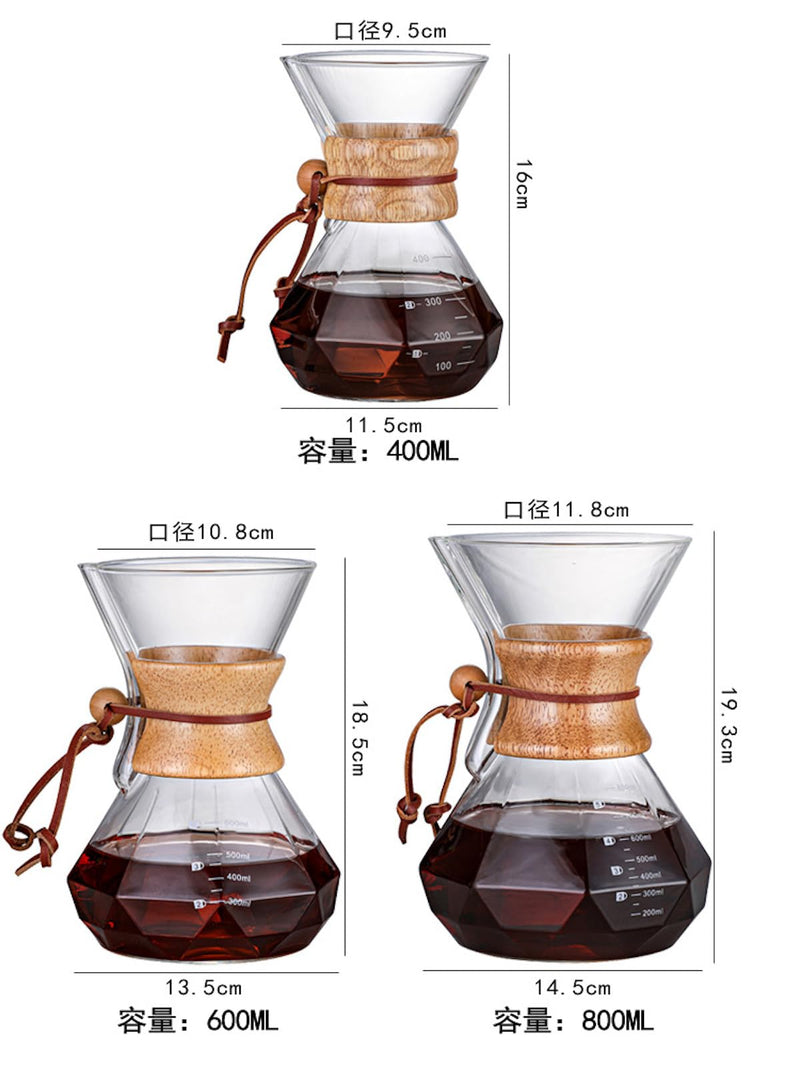 JIKANNOYA コーヒーポット 割れない 400ml 高ホウ素シリカガラス材料 目盛付き 直火対応 無垢材のハンドル コーヒーサーバー ドリップコーヒーサーバー ペーパーコーヒーフィルター不要 ダイヤモンド 電子レンジ 食洗機対応 コーヒー用品 使いやすい 洗いやすい 多用途 家用 喫茶店 1~3杯用 ドリップ付き