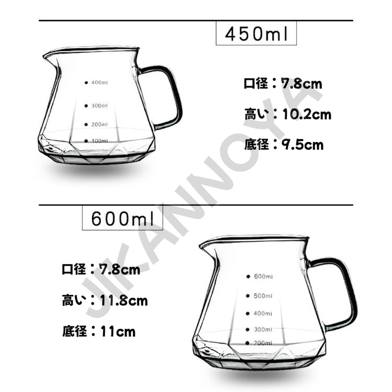 JIKANNOYA コーヒーサーバー 割れない 耐熱ガラス コーヒードリッパー ハンドドリップセット コーヒー サーバー 高ホウ素シリカガラス材料 直火対応 耐寒性 透明 蓋付き 電子レンジ·食洗機対応 目盛り付き コーヒー用品 使いやすい 洗いやすい 多用途 家用 喫茶店 KF32