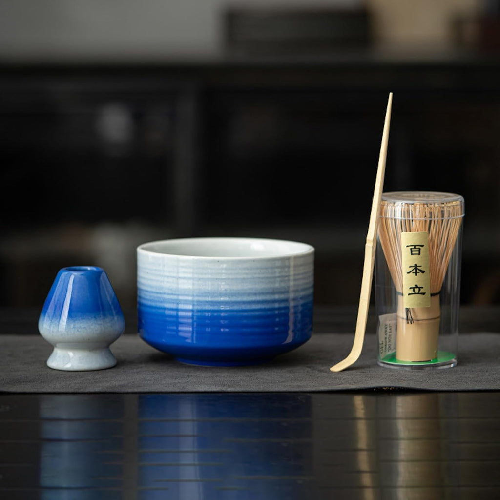 JIKANNOYA 茶道具 セット 抹茶セット お点前セット 4点セット 茶杓 茶筅 茶せん 百本立 茶筅立て くせ直し 初心者 抹茶スターター おうち時間グッズ お手入れも簡単 母の日 父の日 誕生日 贈り物 ブルー