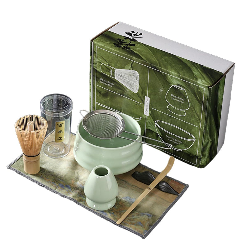 JIKANNOYA 抹茶セット お点前セット 茶道具 セット 7点セット 茶杓 茶筅 茶せん 百本立 茶筅立て くせ直し 抹茶篩 綿茶巾 陶磁器茶杓立て 初心者 お手入れも簡単 母の日 父の日 誕生日 贈り物
