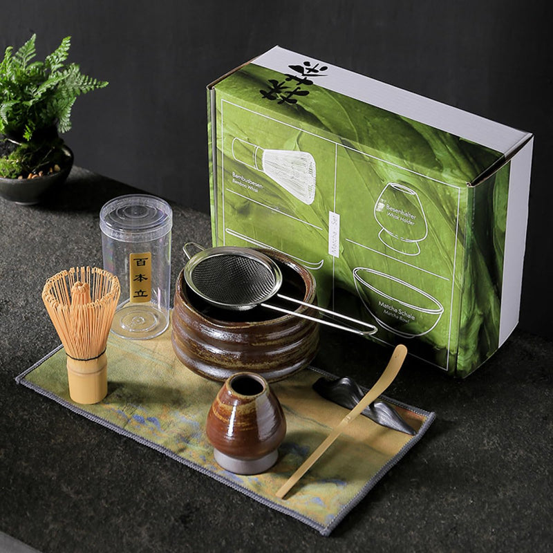 JIKANNOYA 抹茶セット お点前セット 7点セット 茶道具 セット 茶杓 茶筅 茶せん 百本立 茶筅立て くせ直し 抹茶篩 綿茶巾 陶器茶杓立て 初心者 お手入れも簡単 母の日 父の日 誕生日 贈り物 AQCJ09N