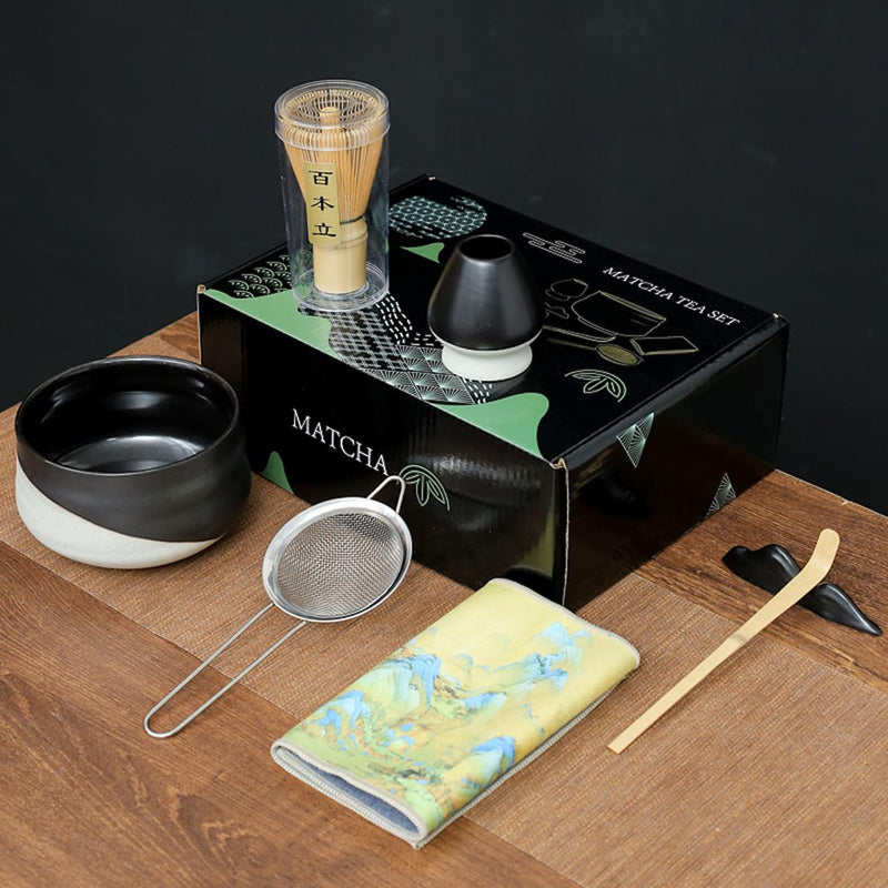 JIKANNOYA 抹茶セット お点前セット 7点セット 茶道具 セット 茶杓 茶筅 茶せん 百本立 茶筅立て くせ直し 抹茶篩 綿茶巾 陶器茶杓立て 初心者 お手入れも簡単 母の日 父の日 誕生日 贈り物 (ライトグリーン)