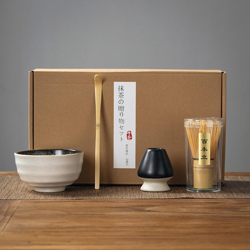 JIKANNOYA 抹茶セット 初心者 お点前セット 茶道具 セット 4点セット 陶器 抹茶碗 茶杓 茶筅 茶せん 百本立 茶筅立て くせ直し お手入れも簡単 母の日 父の日 誕生日 贈り物 220ml AQCJ27
