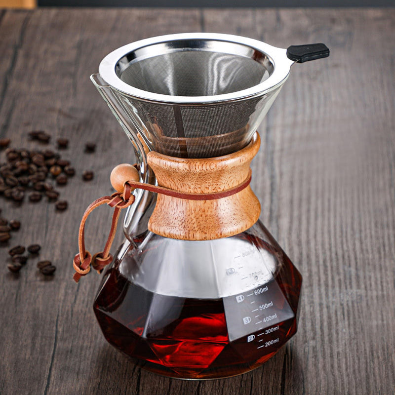 JIKANNOYA コーヒーポット 割れない 400ml 高ホウ素シリカガラス材料 目盛付き 直火対応 無垢材のハンドル コーヒーサーバー ドリップコーヒーサーバー ペーパーコーヒーフィルター不要 ダイヤモンド 電子レンジ 食洗機対応 コーヒー用品 使いやすい 洗いやすい 多用途 家用 喫茶店 1~3杯用 ドリップ付き