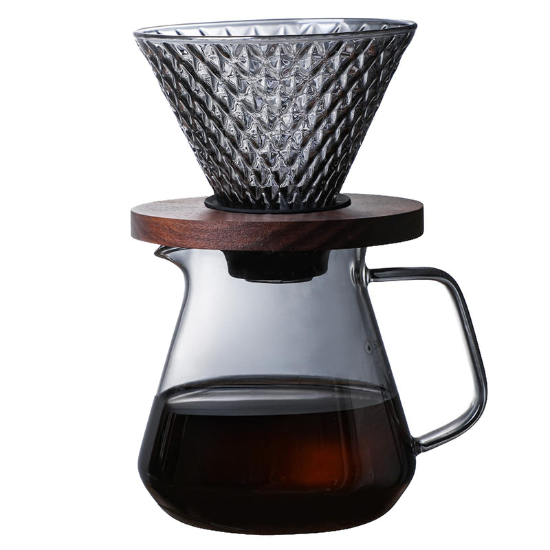 JIKANNOYA コーヒードリッパー ハンドドリップセット コーヒーサーバー 割れない 高ホウ素シリカガラス材料 耐熱ガラス 直火対応 耐寒性 クルミ材 ドリッパー ダイヤモンド 電子レンジ·食洗機対応 コーヒー用品 目盛り付き 洗いやすい 多用途 家用 喫茶店 1~4杯用 AQKF23