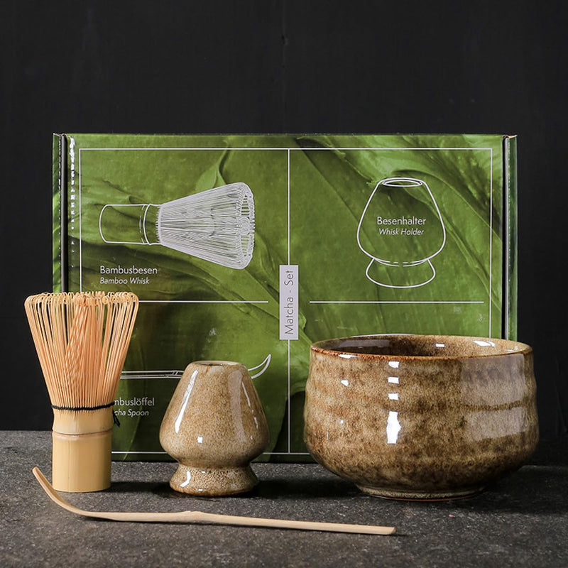 JIKANNOYA 抹茶セット お点前セット 4点セット 茶道具 セット 百本立 茶筅 茶せん 茶筅立て くせ直し 茶杓 お手入れも簡単 おうち時間 初心者さん向け 母の日 誕生日 父の日 贈り物 ホワイト グリーンボックス