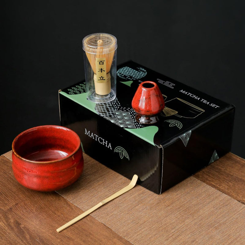 JIKANNOYA 抹茶セット お点前セット 4点セット 茶道具 セット 百本立 茶筅 茶せん 茶筅立て くせ直し 茶杓 お手入れも簡単 おうち時間 初心者さん向け 母の日 誕生日 父の日 贈り物 ホワイト グリーンボックス