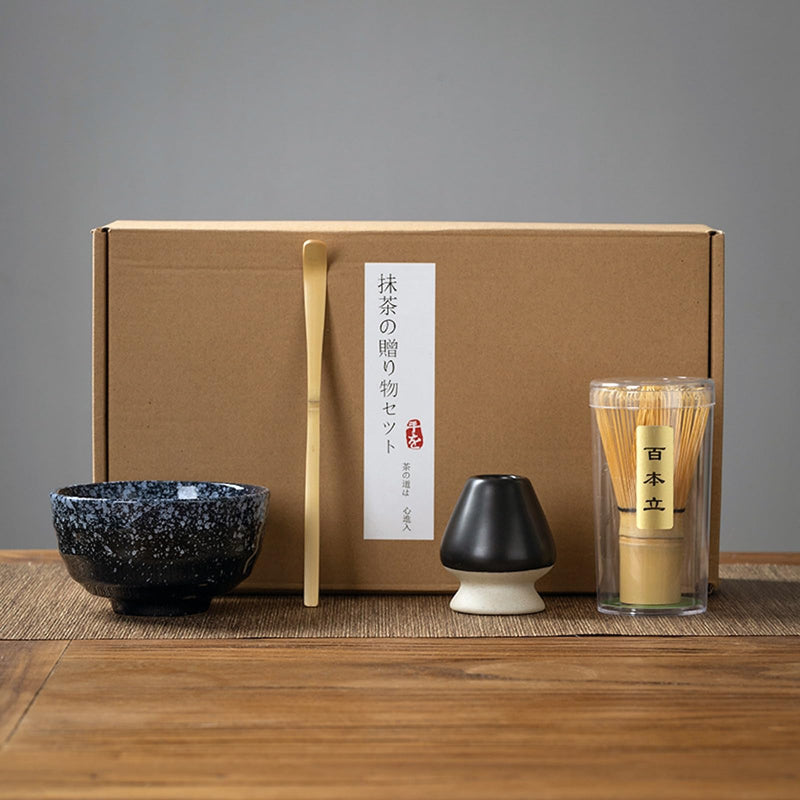 JIKANNOYA 抹茶セット 初心者 お点前セット 茶道具 セット 4点セット 陶器 抹茶碗 茶杓 茶筅 茶せん 百本立 茶筅立て くせ直し お手入れも簡単 母の日 父の日 誕生日 贈り物 220ml AQCJ27