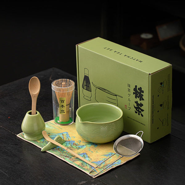JIKANNOYA 抹茶セット 抹茶 セット 自宅用 茶道具 初心者 お点前セット 陶器 抹茶茶碗 茶杓 茶杓立て 茶せん 百本立 茶筅立て くせ直し 抹茶篩 茶道セット matcha set for beginners お手入れも簡単 母の日 父の日 誕生日 贈り物 おしゃれ 8点セット 青海波模様 CJ231