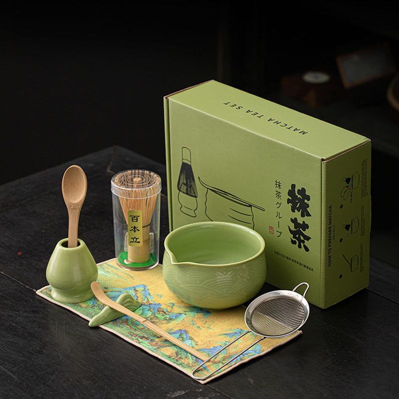 JIKANNOYA 抹茶セット 抹茶 セット 自宅用 茶道具 初心者 お点前セット 陶器 抹茶茶碗 茶杓 茶杓立て 茶せん 百本立 茶筅立て くせ直し 抹茶篩 茶道セット matcha set for beginners お手入れも簡単 母の日 父の日 誕生日 贈り物 おしゃれ 8点セット 青海波模様 CJ231