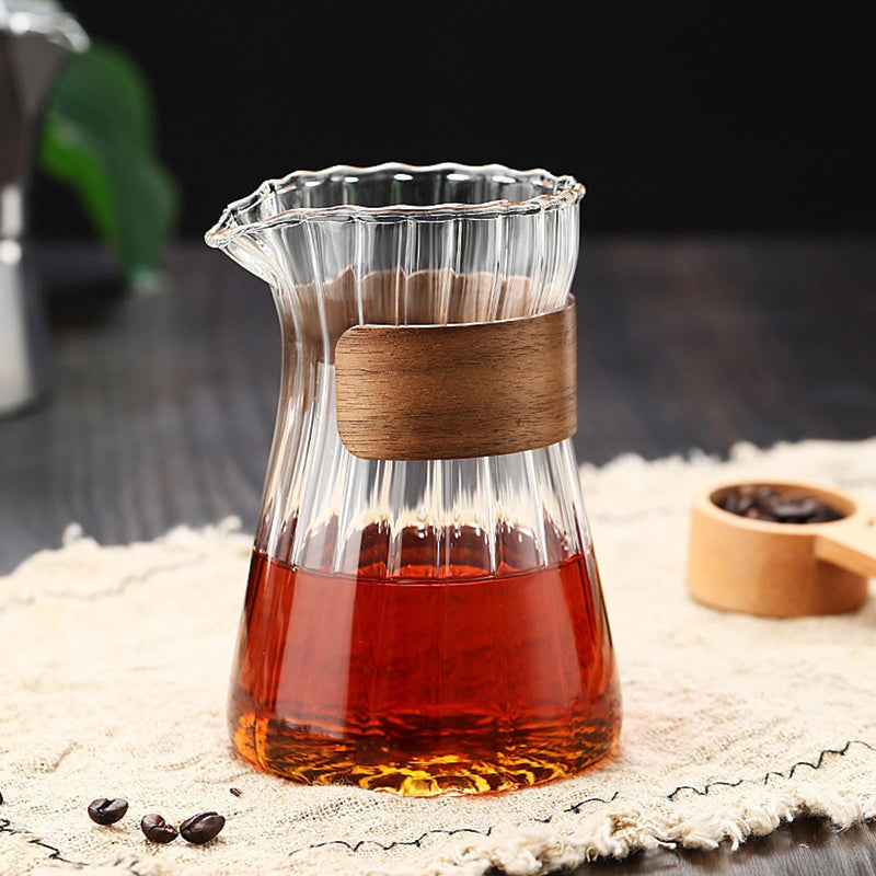 JIKANNOYA コーヒーサーバー 割れない コーヒー サーバー 高ホウ素シリカガラス 耐熱ガラス 直火対応 耐寒性 クルミ材 コーヒーポット 透明 割れないコーヒーサーバー 電子レンジ 食洗機対応 コーヒー用品 使いやすい 洗いやすい 多用途 家用 喫茶店 1~3杯用 500ml