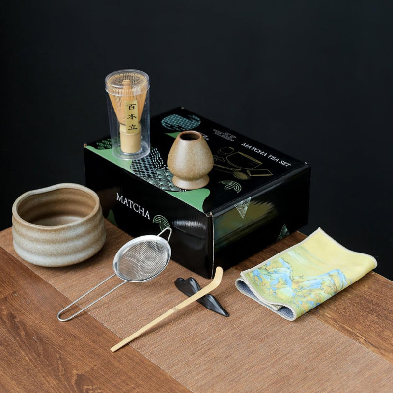 JIKANNOYA 抹茶セット お点前セット 7点セット 茶道具 セット 茶杓 茶筅 茶せん 百本立 茶筅立て くせ直し 抹茶篩 綿茶巾 陶器茶杓立て 初心者 お手入れも簡単 母の日 父の日 誕生日 贈り物 AQCJ09N