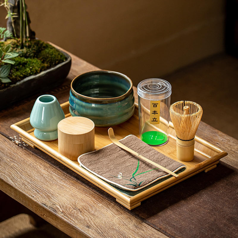 JIKANNOYA 抹茶セット 初心者 セット お点前セット 陶磁器茶碗 お茶缶 茶杓 茶杓立て 茶せん 百本立 茶筅立て くせ直し 綿茶巾 茶巾立て 抹茶篩 竹茶盤 茶道具 茶道 セット お手入れも簡単 母の日 父の日 誕生日 贈り物 470ml