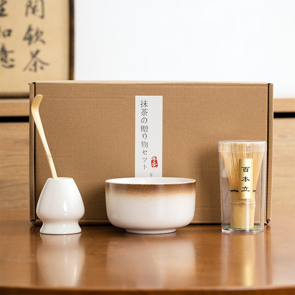 JIKANNOYA 抹茶セット 初心者 お点前セット 茶道具 セット 4点セット 陶器 抹茶碗 茶杓 茶筅 茶せん 百本立 茶筅立て くせ直し お手入れも簡単 母の日 父の日 誕生日 贈り物 330ml AQCJ31