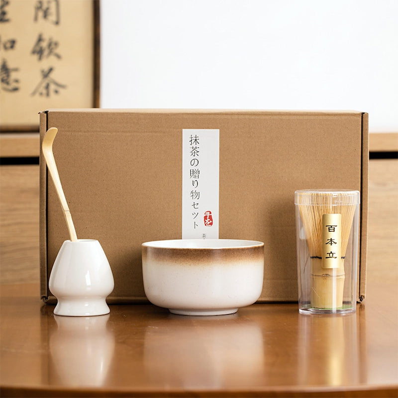 JIKANNOYA 抹茶セット 初心者 お点前セット 茶道具 セット 4点セット 陶器 抹茶碗 茶杓 茶筅 茶せん 百本立 茶筅立て くせ直し お手入れも簡単 母の日 父の日 誕生日 贈り物 330ml AQCJ31