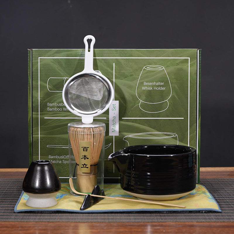 JIKANNOYA 抹茶セット お点前セット 9点セット 陶磁器茶碗 注ぎ口付き 茶杓 茶筅 茶せん 百本立 茶筅立て くせ直し 抹茶篩 綿茶巾 陶磁器茶杓立て 茶筒 初心者 抹茶スターター おうち時間グッズ お手入れも簡単 母の日 父の日 誕生日 贈り物