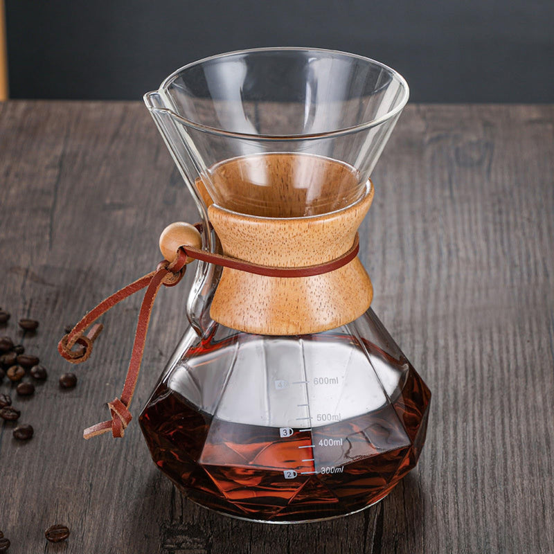 JIKANNOYA コーヒーポット 割れない 400ml 高ホウ素シリカガラス材料 目盛付き 直火対応 無垢材のハンドル コーヒーサーバー ドリップコーヒーサーバー ペーパーコーヒーフィルター不要 ダイヤモンド 電子レンジ 食洗機対応 コーヒー用品 使いやすい 洗いやすい 多用途 家用 喫茶店 1~3杯用 ドリップ付き