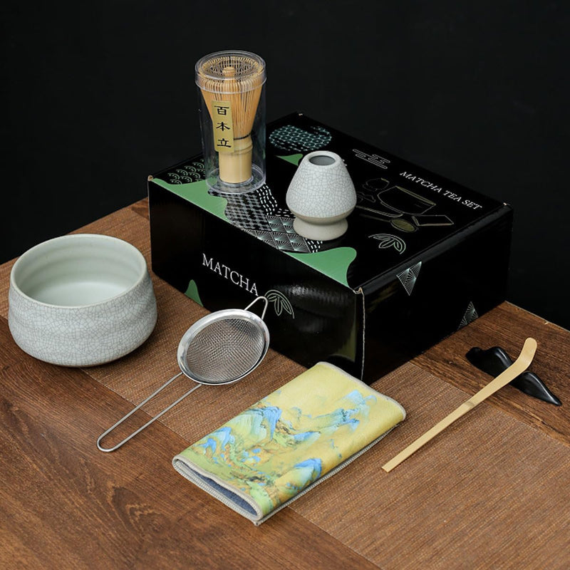 JIKANNOYA 抹茶セット お点前セット 7点セット 茶道具 セット 茶杓 茶筅 茶せん 百本立 茶筅立て くせ直し 抹茶篩 綿茶巾 陶器茶杓立て 初心者 お手入れも簡単 母の日 父の日 誕生日 贈り物 (ライトグリーン)