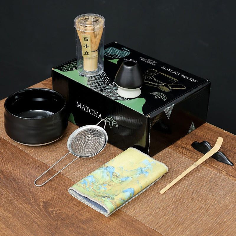 JIKANNOYA 抹茶セット お点前セット 7点セット 茶道具 セット 茶杓 茶筅 茶せん 百本立 茶筅立て くせ直し 抹茶篩 綿茶巾 陶器茶杓立て 初心者 お手入れも簡単 母の日 父の日 誕生日 贈り物 (ライトグリーン)