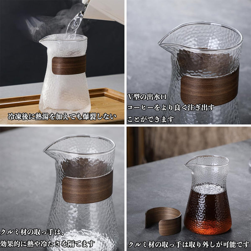 JIKANNOYA コーヒーポット 割れない 高ホウ素シリカガラス材料 耐熱ガラス 直火対応 耐寒性 クルミ材 コーヒーサーバー 透明 電子レンジ 食洗機対応 コーヒー用品 使いやすい 洗いやすい 多用途 家用 喫茶店 1~3杯用 500ml
