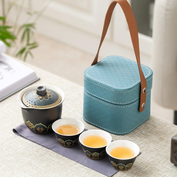 JIKANNOYA 中国茶器セット 茶器 茶具 磁器 湯呑み 急須 セット 携帯 台湾茶器 旅行ティーセット 茶の入れ 携帯用茶具 車載旅行茶器セット 収納バッグ付き 初心者 高級 おしゃれ 軽量 お出かけ用 旅行 お手入れも簡単 母の日 父の日 誕生日 贈り物 AQZGCJ05
