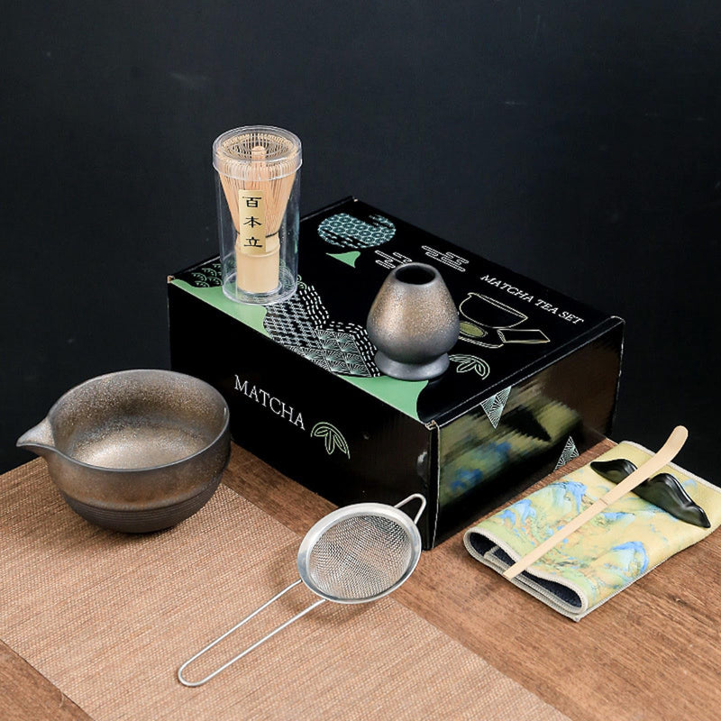 JIKANNOYA 抹茶セット お点前セット 7点セット 陶磁器茶碗 注ぎ口付き 茶杓 茶筅 茶せん 百本立 茶筅立て くせ直し 抹茶篩 綿茶巾 陶磁器茶杓立て 茶道具 セット 初心者 お手入れも簡単 母の日 父の日 誕生日 贈り物