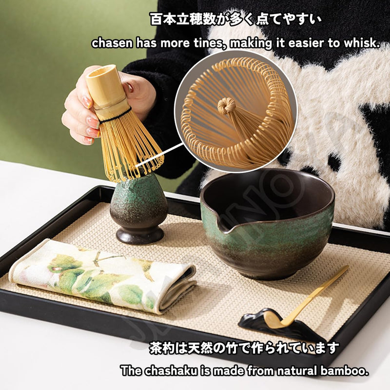 JIKANNOYA 抹茶セット 自宅用 抹茶 セット 茶道具 初心者 お点前セット 抹茶 陶器 抹茶茶碗 注ぎ口付き 茶杓 茶杓立て 茶せん 百本立 茶筅立て くせ直し 綿茶巾 抹茶篩 茶道セット matcha set for beginners お手入れも簡単 母の日 父の日 誕生日 贈り物 おしゃれ 500ml AQCJ69