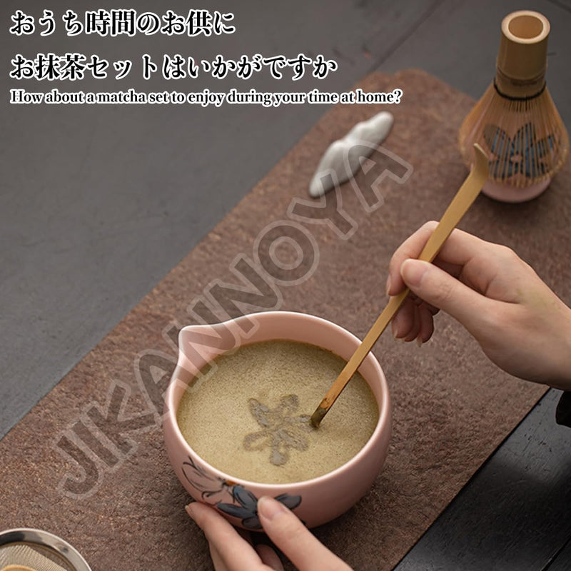 JIKANNOYA 抹茶セット 茶道具 初心者 自宅用 お点前セット 4点セット matcha set 茶杓 茶筅 茶せん 百本立 茶筅立て くせ直し 抹茶篩 綿茶巾 陶器茶杓立て お手入れも簡単 母の日 父の日 誕生日 贈り物 おしゃれ 花柄 ピンク AQCJ73