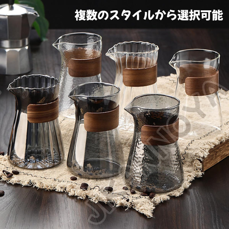 JIKANNOYA コーヒーサーバー 割れない コーヒー サーバー 高ホウ素シリカガラス 耐熱ガラス 直火対応 耐寒性 クルミ材 コーヒーポット 透明 割れないコーヒーサーバー 電子レンジ 食洗機対応 コーヒー用品 使いやすい 洗いやすい 多用途 家用 喫茶店 1~3杯用 500ml
