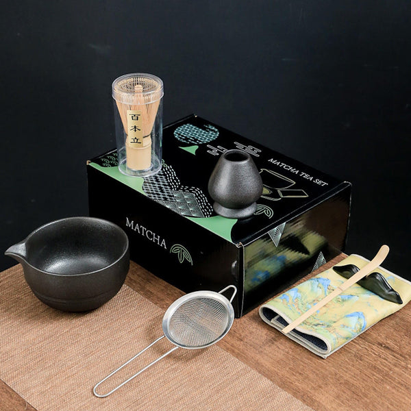 JIKANNOYA 抹茶セット お点前セット 7点セット 陶磁器茶碗 注ぎ口付き 茶杓 茶筅 茶せん 百本立 茶筅立て くせ直し 抹茶篩 綿茶巾 陶磁器茶杓立て 茶道具 セット 初心者 お手入れも簡単 母の日 父の日 誕生日 贈り物