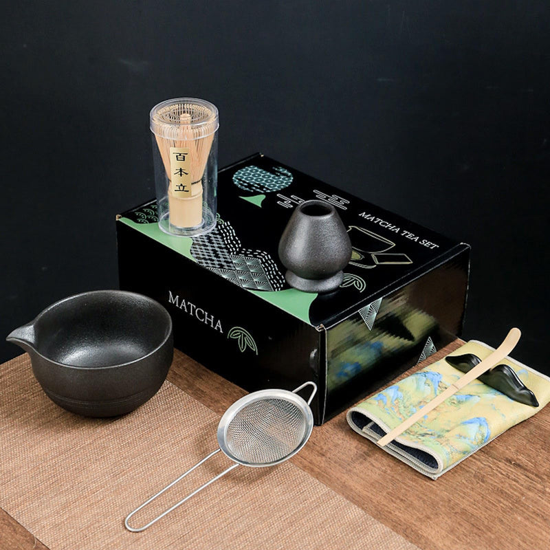 JIKANNOYA 抹茶セット お点前セット 7点セット 陶磁器茶碗 注ぎ口付き 茶杓 茶筅 茶せん 百本立 茶筅立て くせ直し 抹茶篩 綿茶巾 陶磁器茶杓立て 茶道具 セット 初心者 お手入れも簡単 母の日 父の日 誕生日 贈り物