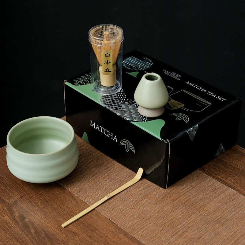 JIKANNOYA 抹茶セット お点前セット 7点セット 茶道具 セット 茶杓 茶筅 茶せん 百本立 茶筅立て くせ直し 抹茶篩 綿茶巾 陶器茶杓立て 初心者 お手入れも簡単 母の日 父の日 誕生日 贈り物 (ライトグリーン)