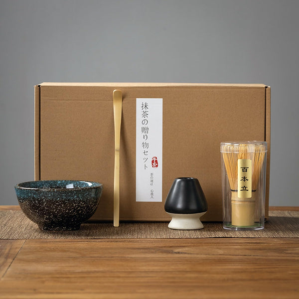 JIKANNOYA 抹茶セット 初心者 お点前セット 茶道具 セット 4点セット 陶器 抹茶碗 茶杓 茶筅 茶せん 百本立 茶筅立て くせ直し お手入れも簡単 母の日 父の日 誕生日 贈り物 220ml AQCJ27