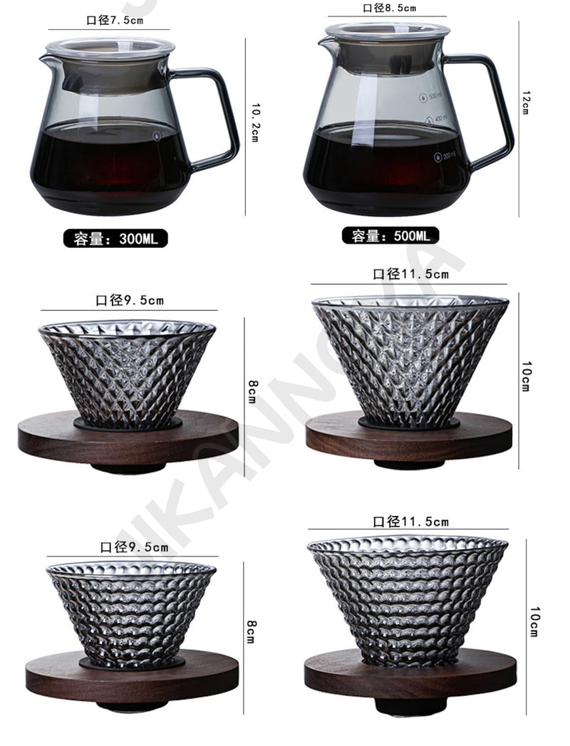JIKANNOYA コーヒードリッパー ハンドドリップセット コーヒーサーバー 割れない 高ホウ素シリカガラス材料 耐熱ガラス 直火対応 耐寒性 クルミ材 ドリッパー ダイヤモンド 電子レンジ·食洗機対応 コーヒー用品 目盛り付き 洗いやすい 多用途 家用 喫茶店 1~4杯用 AQKF23