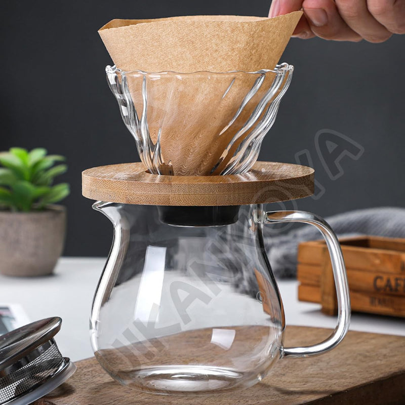 JIKANNOYA コーヒードリッパー ハンドドリップセット コーヒーサーバー 割れない 高ホウ素シリカガラス材料 耐熱ガラス 直火対応 耐寒性 木材 ドリッパー 電子レンジ·食洗機対応 コーヒー用品 目盛り付き 洗いやすい 多用途 家用 喫茶店 1~4杯用 AQKF26