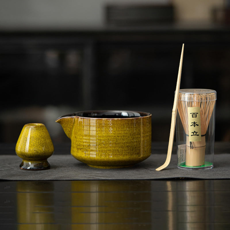 JIKANNOYA 抹茶セット お点前セット 9点セット 陶磁器茶碗 注ぎ口付き 茶杓 茶筅 茶せん 百本立 茶筅立て くせ直し 抹茶篩 綿茶巾 陶磁器茶杓立て 茶筒 初心者 抹茶スターター おうち時間グッズ お手入れも簡単 母の日 父の日 誕生日 贈り物