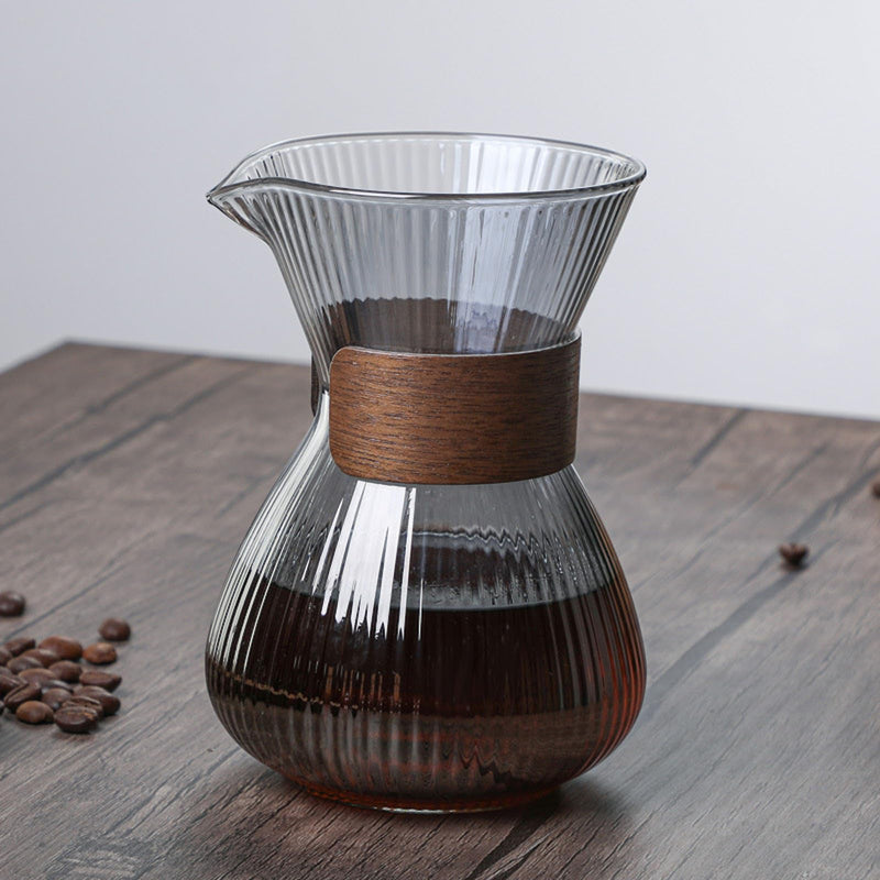 JIKANNOYA コーヒーポット 割れない 400ml 高ホウ素シリカガラス材料 目盛付き 直火対応 無垢材のハンドル コーヒーサーバー ドリップコーヒーサーバー ペーパーコーヒーフィルター不要 縦線テクスチャ 電子レンジ 食洗機対応 コーヒー用品 使いやすい 洗いやすい 多用途 家用 喫茶店 1~3杯用 ドリップ付き