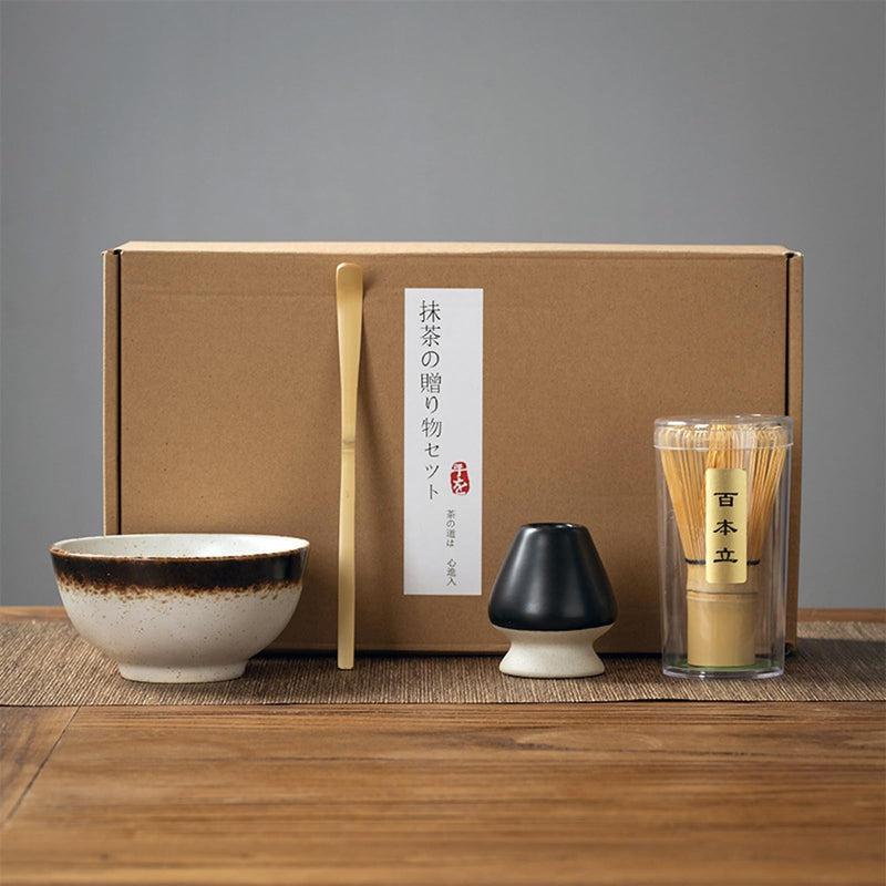 JIKANNOYA 抹茶セット 初心者 お点前セット 茶道具 セット 4点セット 陶器 抹茶碗 茶杓 茶筅 茶せん 百本立 茶筅立て くせ直し お手入れも簡単 母の日 父の日 誕生日 贈り物 220ml AQCJ27