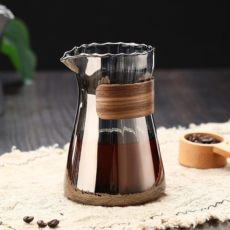 JIKANNOYA コーヒーサーバー 割れない コーヒー サーバー 高ホウ素シリカガラス 耐熱ガラス 直火対応 耐寒性 クルミ材 コーヒーポット 透明 割れないコーヒーサーバー 電子レンジ 食洗機対応 コーヒー用品 使いやすい 洗いやすい 多用途 家用 喫茶店 1~3杯用 500ml