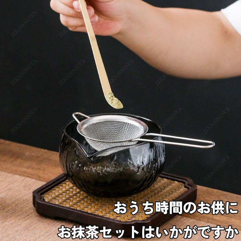 JIKANNOYA 抹茶セット 7点セット ガラス茶碗 注ぎ口付き ガラス茶筅立て お点前セット 茶道具 セット 茶杓 茶筅 茶せん 百本立 陶磁器茶杓立て くせ直し 抹茶篩 綿茶巾 初心者 お手入れも簡単 母の日 父の日 誕生日 贈り物 ギフトボックス