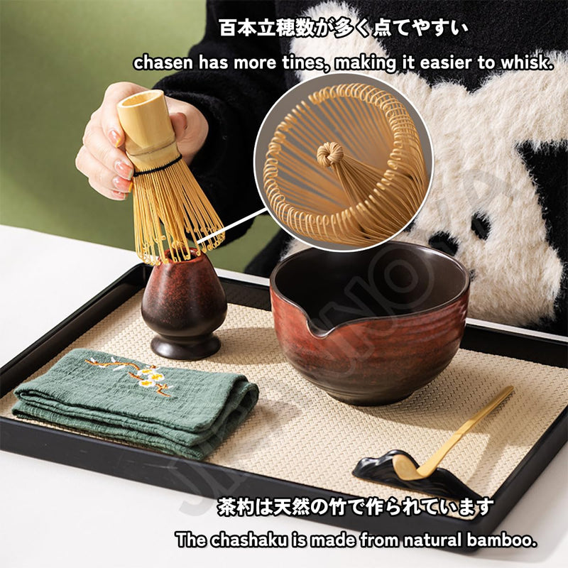 JIKANNOYA 抹茶セット 自宅用 抹茶 セット 茶道具 初心者 お点前セット 抹茶 陶器 抹茶茶碗 注ぎ口付き 茶杓 茶杓立て 茶せん 百本立 茶筅立て くせ直し 綿茶巾 抹茶篩 茶道セット matcha set for beginners お手入れも簡単 母の日 父の日 誕生日 贈り物 おしゃれ 500ml AQCJ68