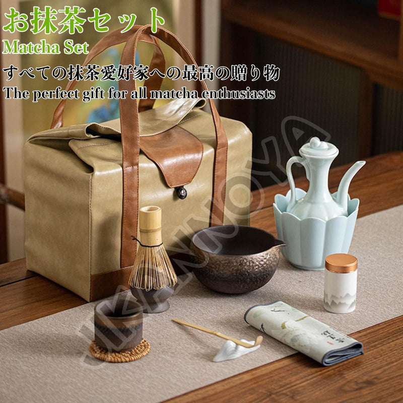 JIKANNOYA 茶道具 セット 抹茶セット お点前セット 14点セット 茶筅 茶せん 百本立 茶筅立て くせ直し 茶杓 茶壺 陶器茶杓立て 茶筒 初心者 高級感 抹茶スターター おうち時間グッズ お手入れも簡単 母の日 父の日 誕生日 贈り物 鎏金