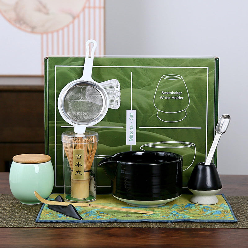 JIKANNOYA 抹茶セット お点前セット 9点セット 陶磁器茶碗 注ぎ口付き 茶杓 茶筅 茶せん 百本立 茶筅立て くせ直し 抹茶篩 綿茶巾 陶磁器茶杓立て 茶筒 初心者 抹茶スターター おうち時間グッズ お手入れも簡単 母の日 父の日 誕生日 贈り物