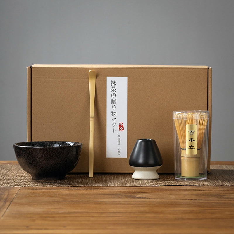 JIKANNOYA 抹茶セット 初心者 お点前セット 茶道具 セット 4点セット 陶器 抹茶碗 茶杓 茶筅 茶せん 百本立 茶筅立て くせ直し お手入れも簡単 母の日 父の日 誕生日 贈り物 220ml AQCJ27