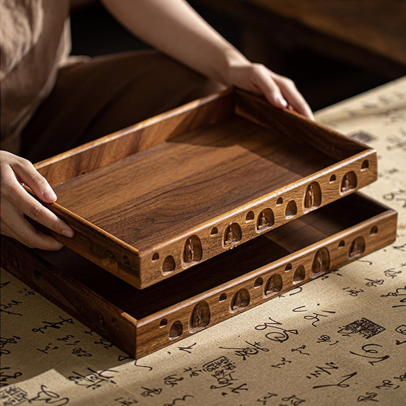 JIKANNOYA トレー 木製トレー お盆 滑らないトレー ウオルナット 天然木 仏像彫刻 多目的トレイ 小物入れ 北欧 トレイ カフェトレー コースター 茶托 ティートレー 前菜プレート ランチョン お膳 お茶 食事用 卓上用トレイ 定食用 多機能 便利 家庭用 業務用 AQTP13-b
