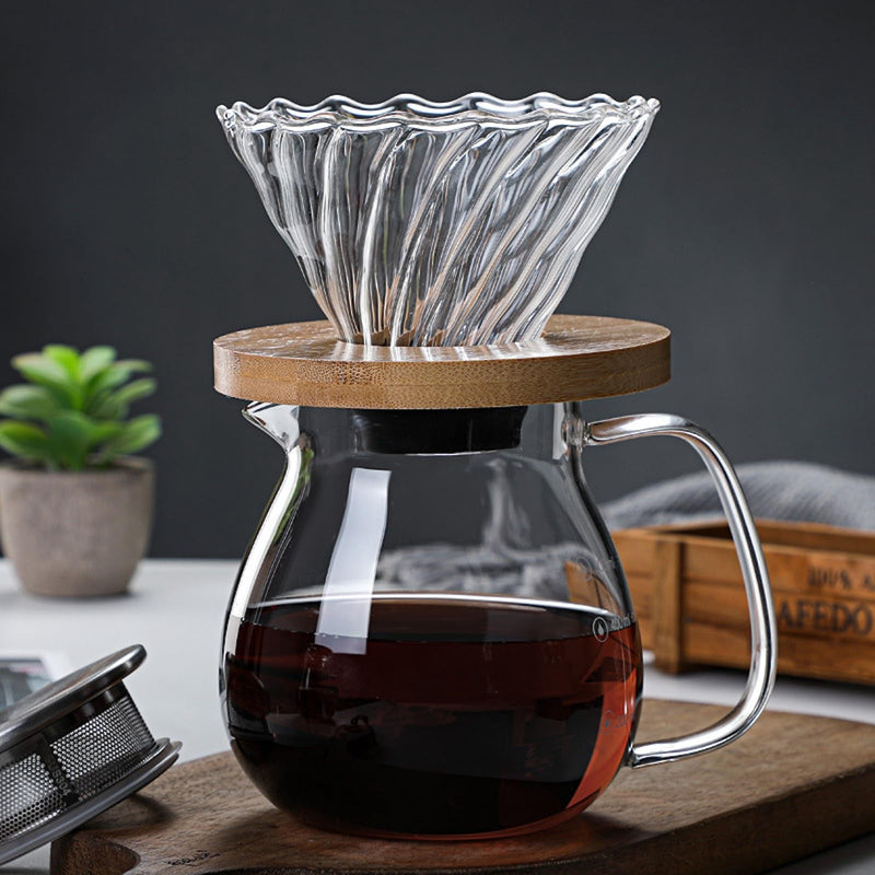 JIKANNOYA コーヒードリッパー ハンドドリップセット コーヒーサーバー 割れない 高ホウ素シリカガラス材料 耐熱ガラス 直火対応 耐寒性 木材 ドリッパー 電子レンジ·食洗機対応 コーヒー用品 目盛り付き 洗いやすい 多用途 家用 喫茶店 1~4杯用 AQKF26