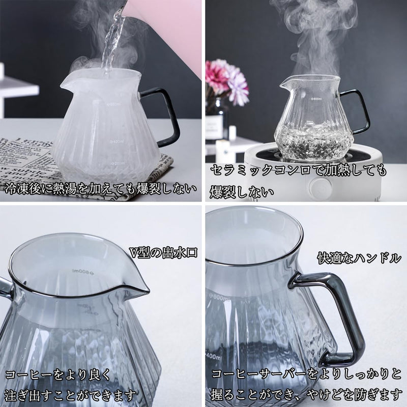 JIKANNOYA コーヒードリッパー ハンドドリップセット コーヒーサーバー 割れにくい 高ホウ素シリカガラス材料 耐熱ガラス 直火対応 耐寒性 クルミ材 ドリッパー ダイヤモンド 電子レンジ·食洗機対応 コーヒー用品 目盛り付き 洗いやすい 多用途 家用 喫茶店 1~4杯用 600ml