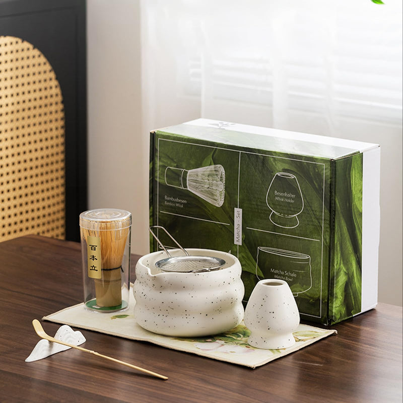 JIKANNOYA 抹茶セット 茶道具 初心者 お点前セット 7点セット 茶杓 茶筅 茶せん 百本立 茶筅立て くせ直し 抹茶篩 綿茶巾 陶器茶杓立て お手入れも簡単 母の日 父の日 誕生日 贈り物 AQCJ33N