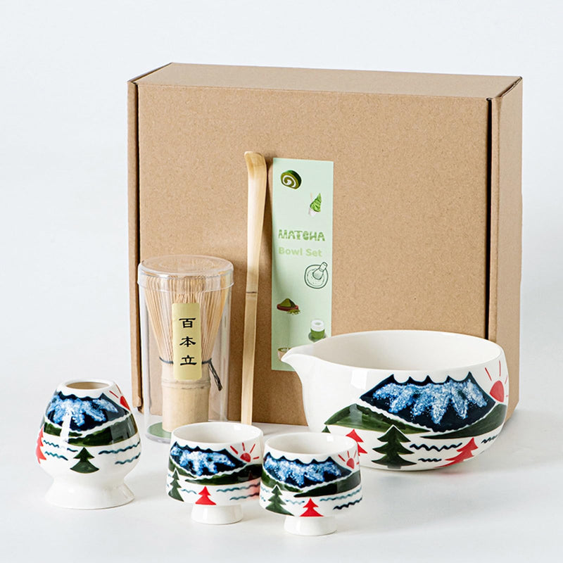 JIKANNOYA 抹茶セット 抹茶 自宅用 茶道具 初心者 お点前セット 湯のみ 陶器 抹茶茶碗 茶杓 茶杓立て 茶せん 百本立 茶筅立て くせ直し 茶道セット matcha set for beginners お手入れも簡単 母の日 父の日 誕生日 贈り物 おしゃれ 6点セット 富士山柄 580ml CJ127
