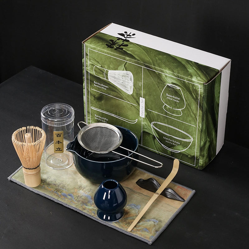 JIKANNOYA 抹茶セット 茶道具 初心者 お点前セット 7点セット 茶杓 茶筅 茶せん 百本立 茶筅立て くせ直し 抹茶篩 綿茶巾 陶器茶杓立て お手入れも簡単 母の日 父の日 誕生日 贈り物 AQCJ32